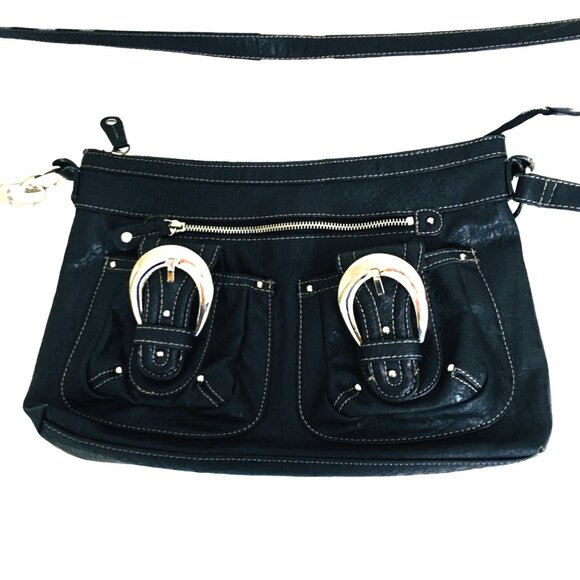 Wilsons Leather Hand Shoulder Bag Purse Moto Pockets Black Silver Metal Buckles - Picture 1 of 16